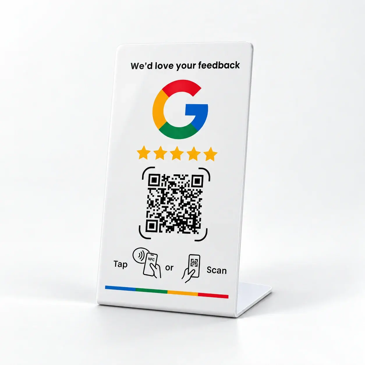 White stand-up review display: “We’d love your feedback”, a QR code, and tap-or-scan icons