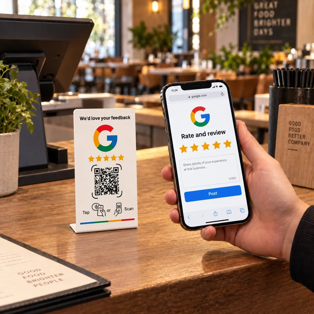 A stand-up review display on a restaurant counter while a customer's phone shows the review page it opened