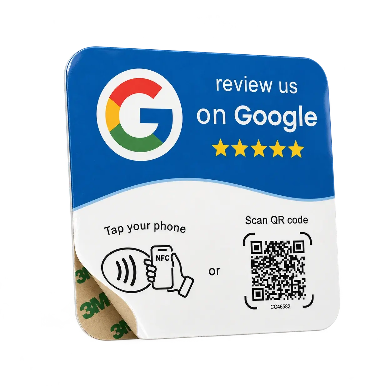 The stick-on card with a corner peeled back to show the 3M adhesive backing