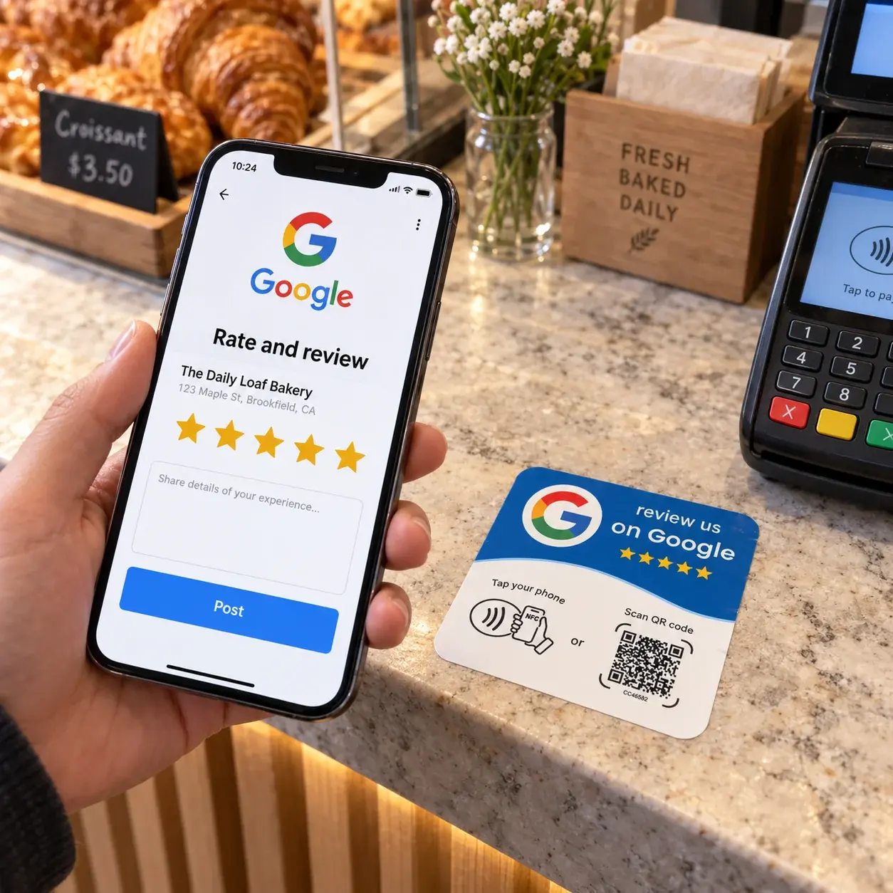 A stick-on review card on a bakery counter beside the card reader, with a phone showing a review page