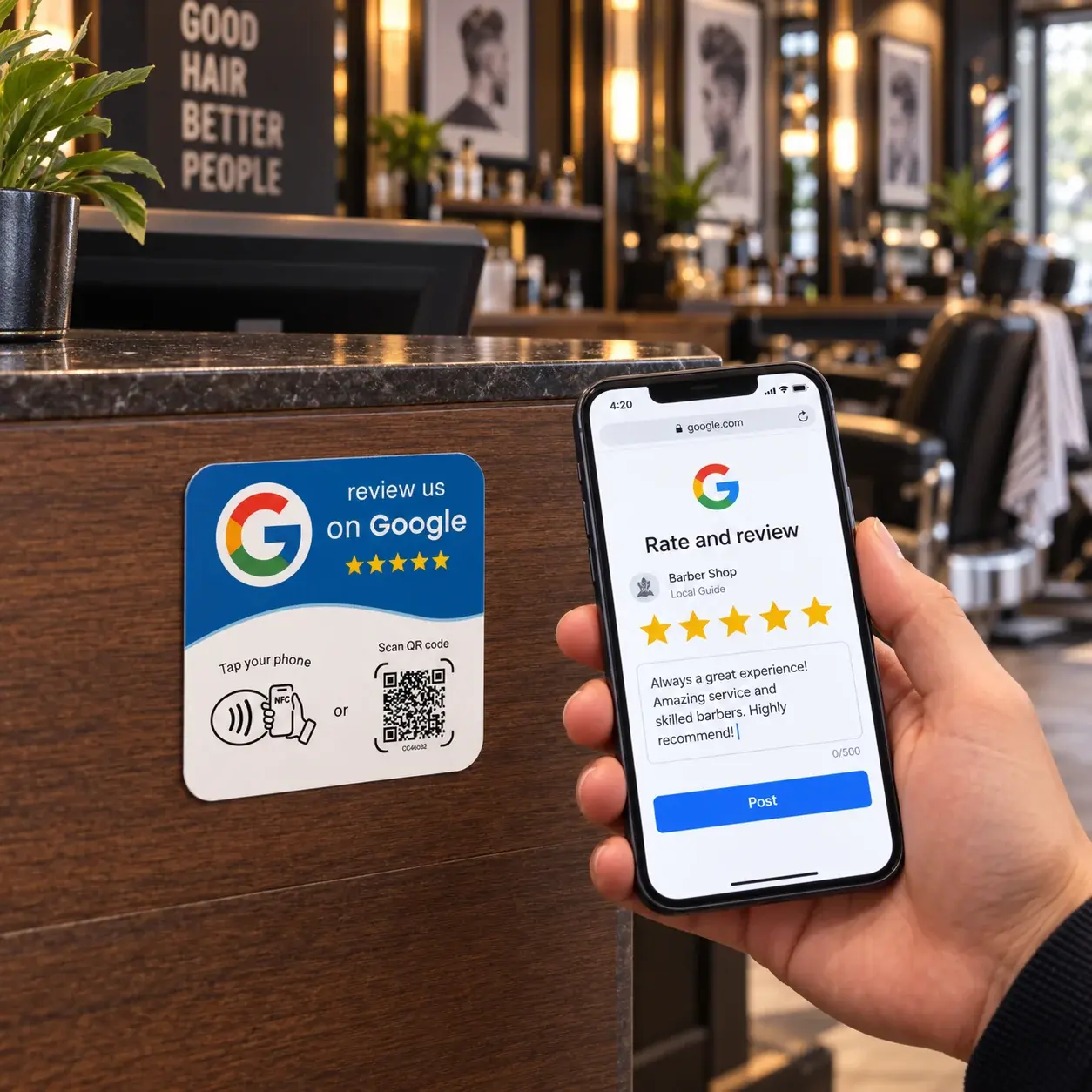 The stick-on card mounted on a front desk next to a phone showing a review page