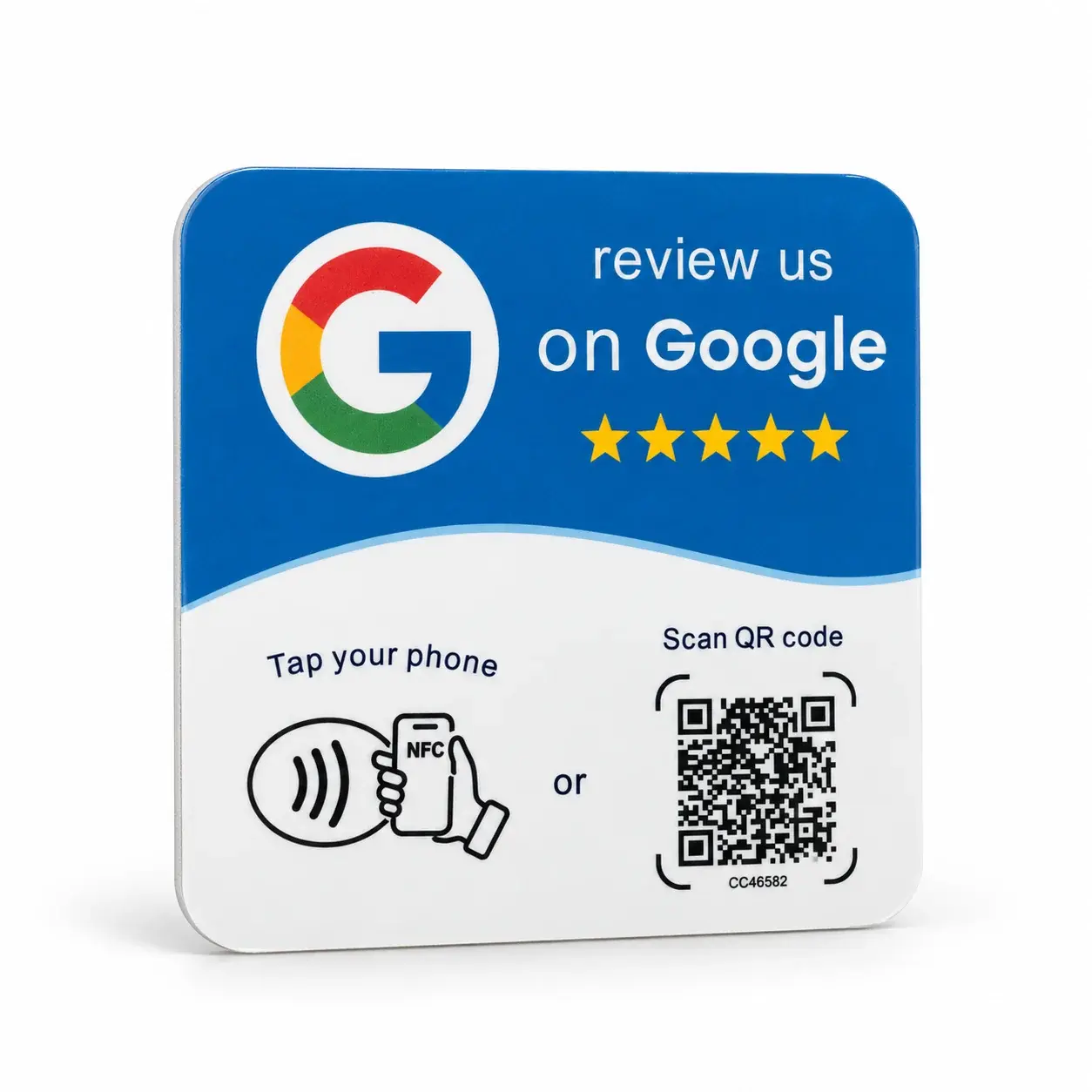 The stick-on review card: tap your phone or scan the QR code